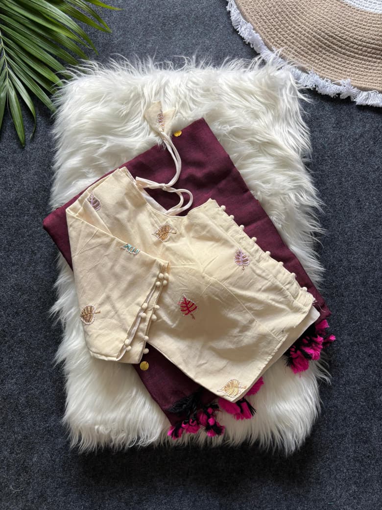 Khadi Cotton  saree with fully stitched Embroidery Blouse