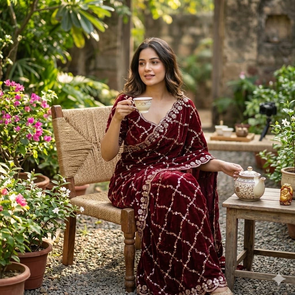 Luxe grand party beeds work velvet shine saree