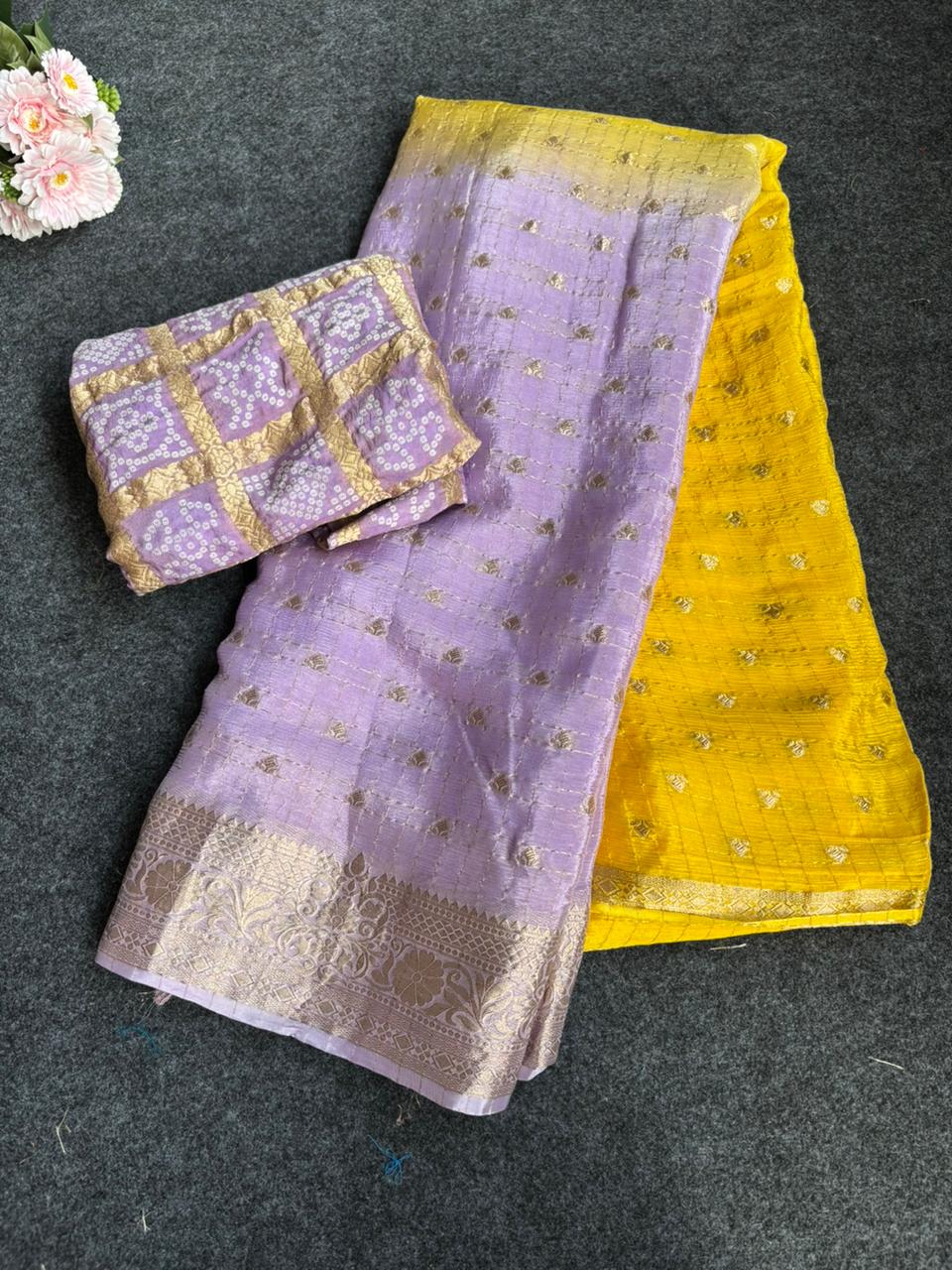 2d shade vintage Chinnon saree with Bandhani  style