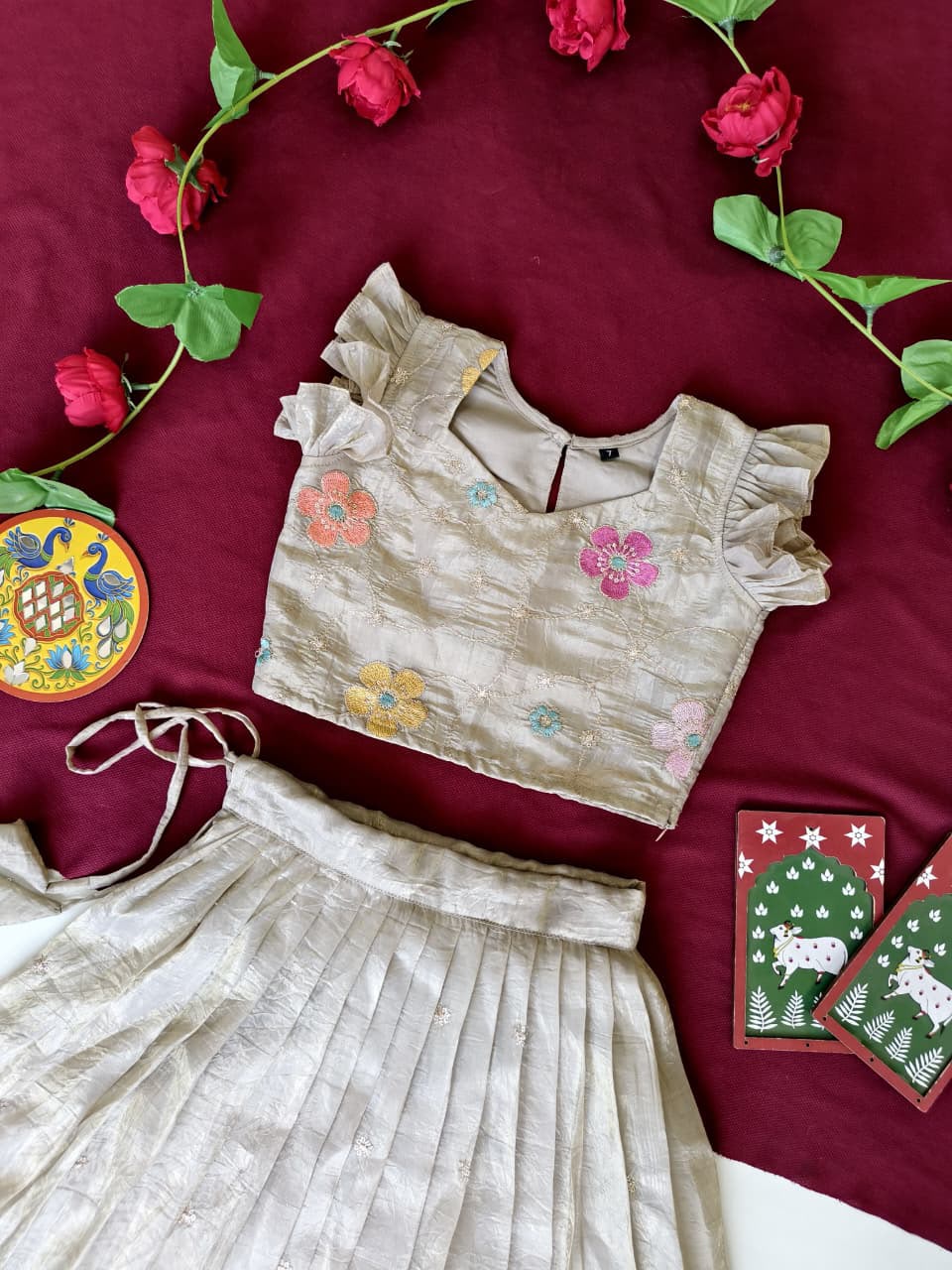 Cute ruffle skirt floral embroidered kids sets