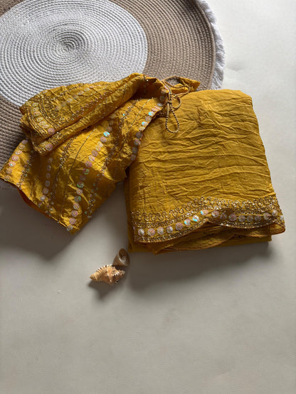 New gold crush saree with stitched blouse