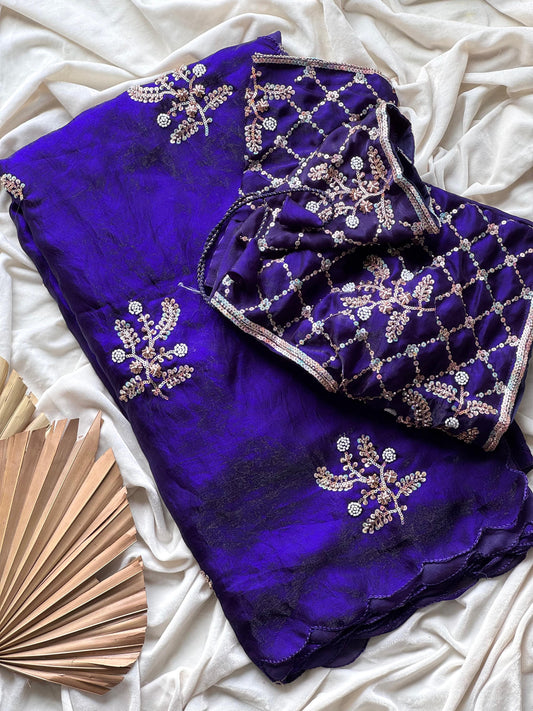 Soft silk with beads flower work saree with stitched blouse