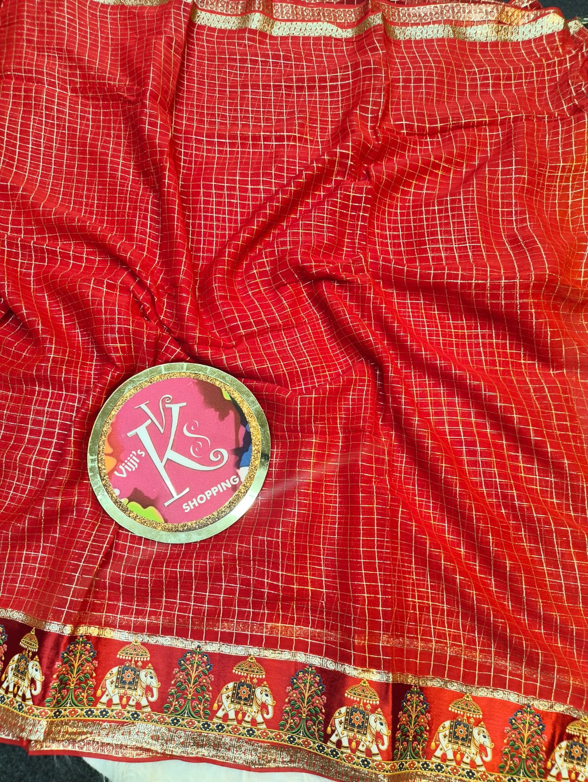 Budget viscose check with satin border golden zari white elephant saree