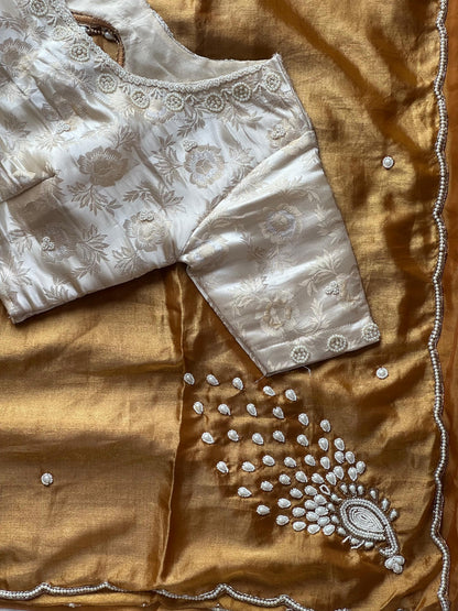 Gold peacock saree with stitched blouse