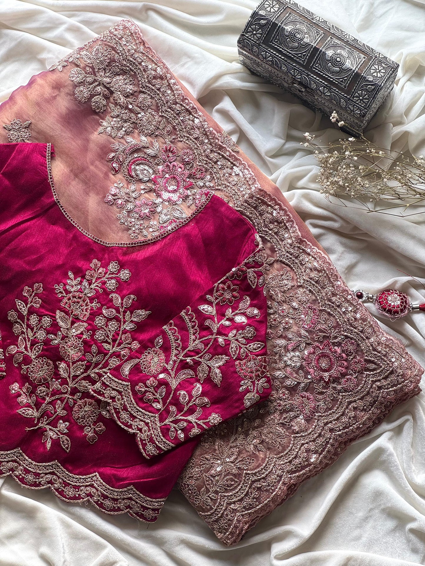 Blush Pink Premium Tissue Luxe Sequence saree with stitched blouse