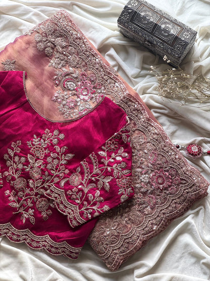 Blush Pink Premium Tissue Luxe Sequence saree with stitched blouse