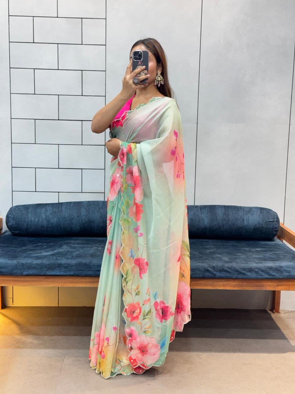 Organza handwork Viral Trendy Saree