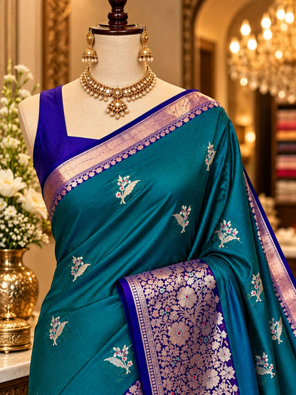 Banarasi Soft Katan Silk Saree – Contrast Pattu Border & Zari Butti