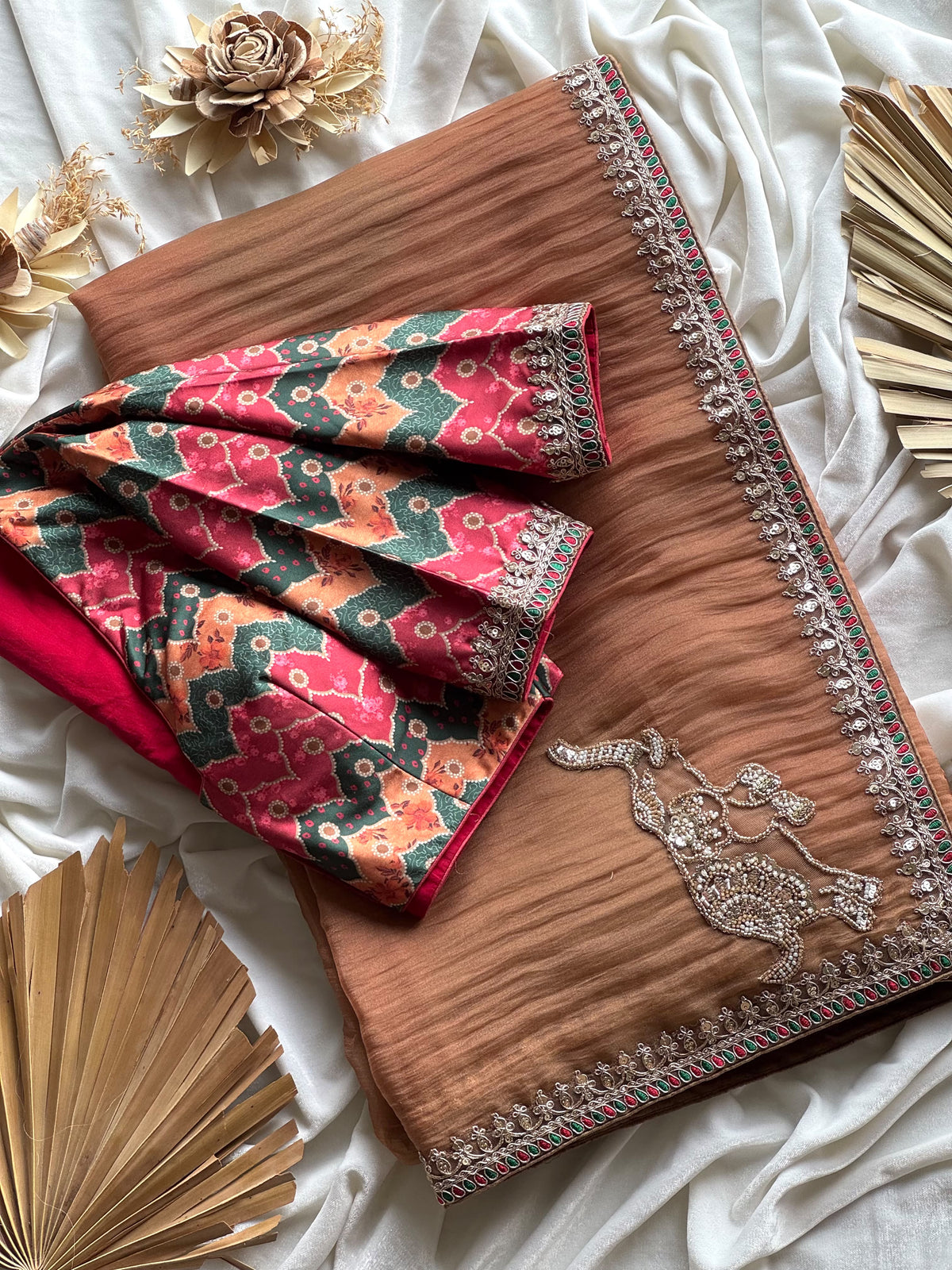 Crunchy silk rustic elephant saree with stitched blouse