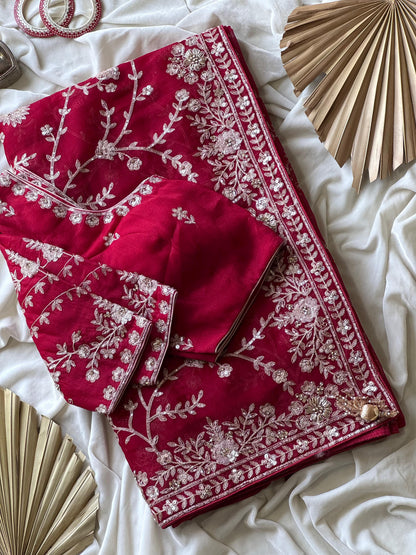 Cherry Aari Work And Handwork saree with stitched Luxe blouse