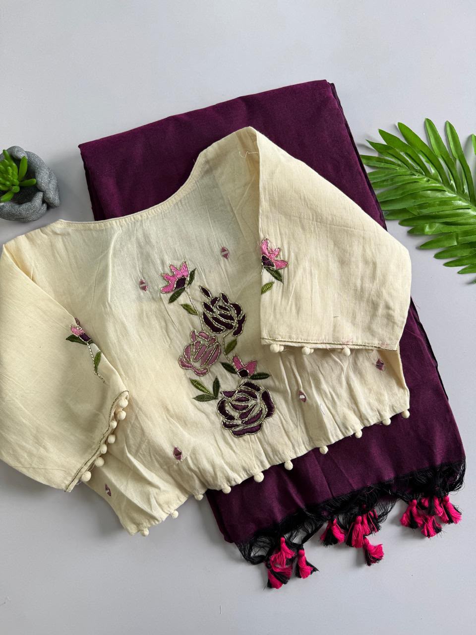 Cotton saree with stitched blouse