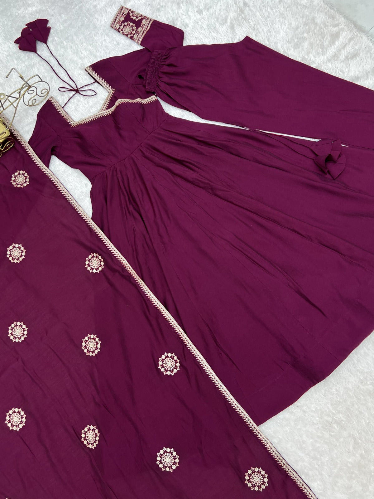 Pure Roman Chanderi Silk Fabric Fully Flare Angrakha Style Anarkali