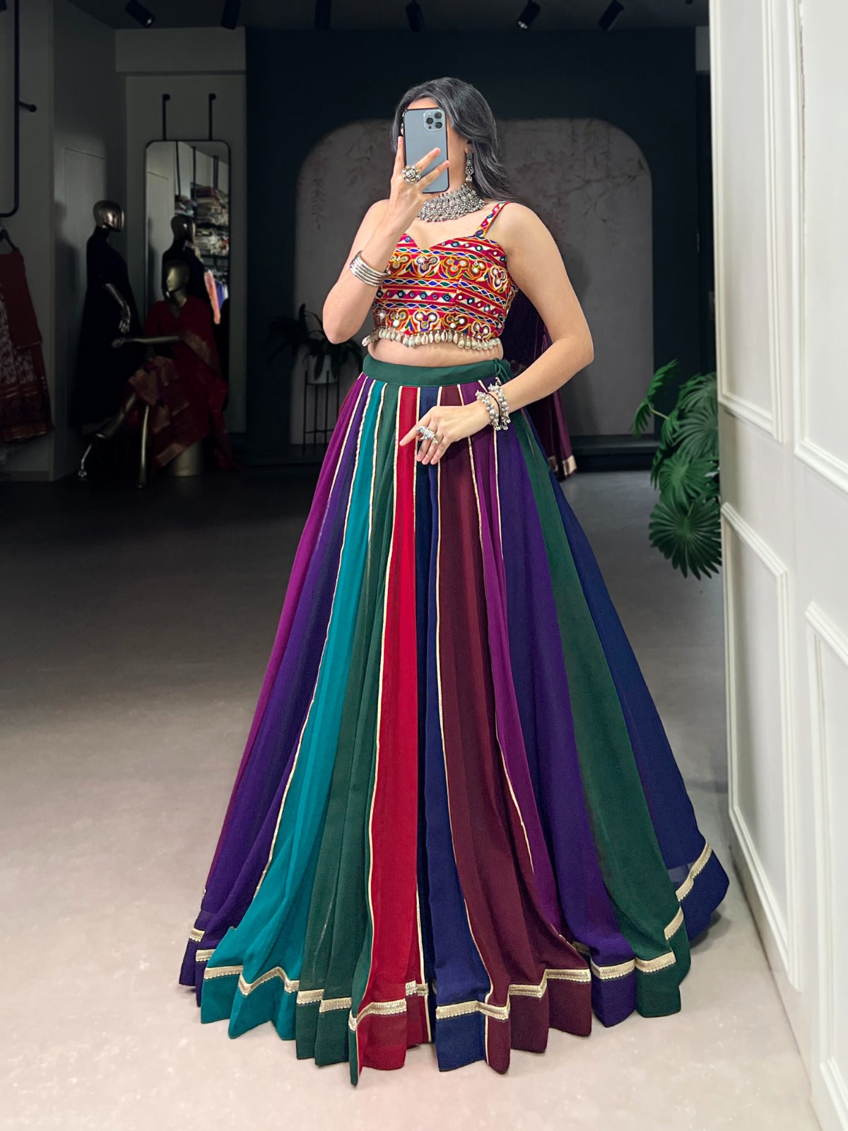 stunning lehenga choli features real mirror Gamthi work