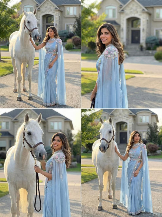 1 min ready to wear Ocean Blue luxe saree with stitched blouse