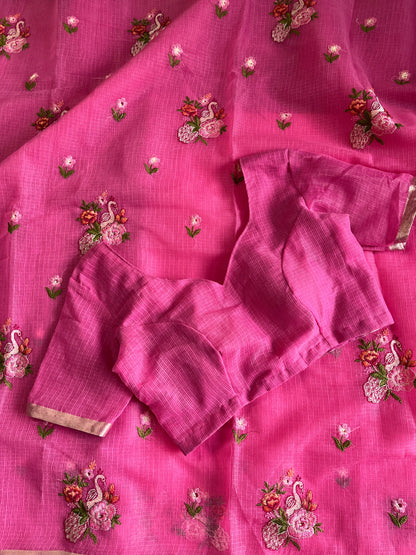 Kota doriya Embroidery saree with stitched Blouse