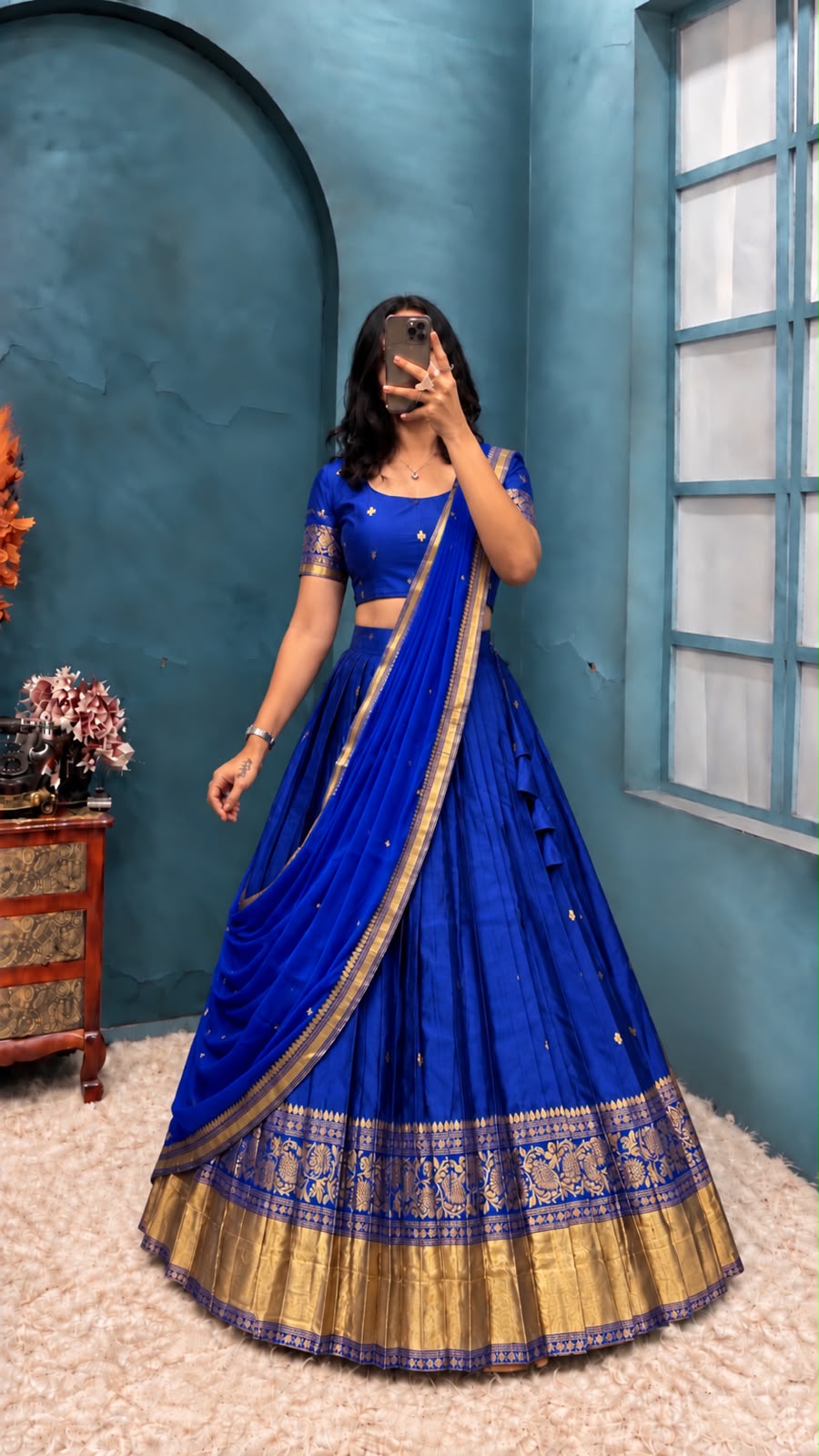 Kanchipattu  silk full stitched Lehenga blooming rangoli designer lehenga