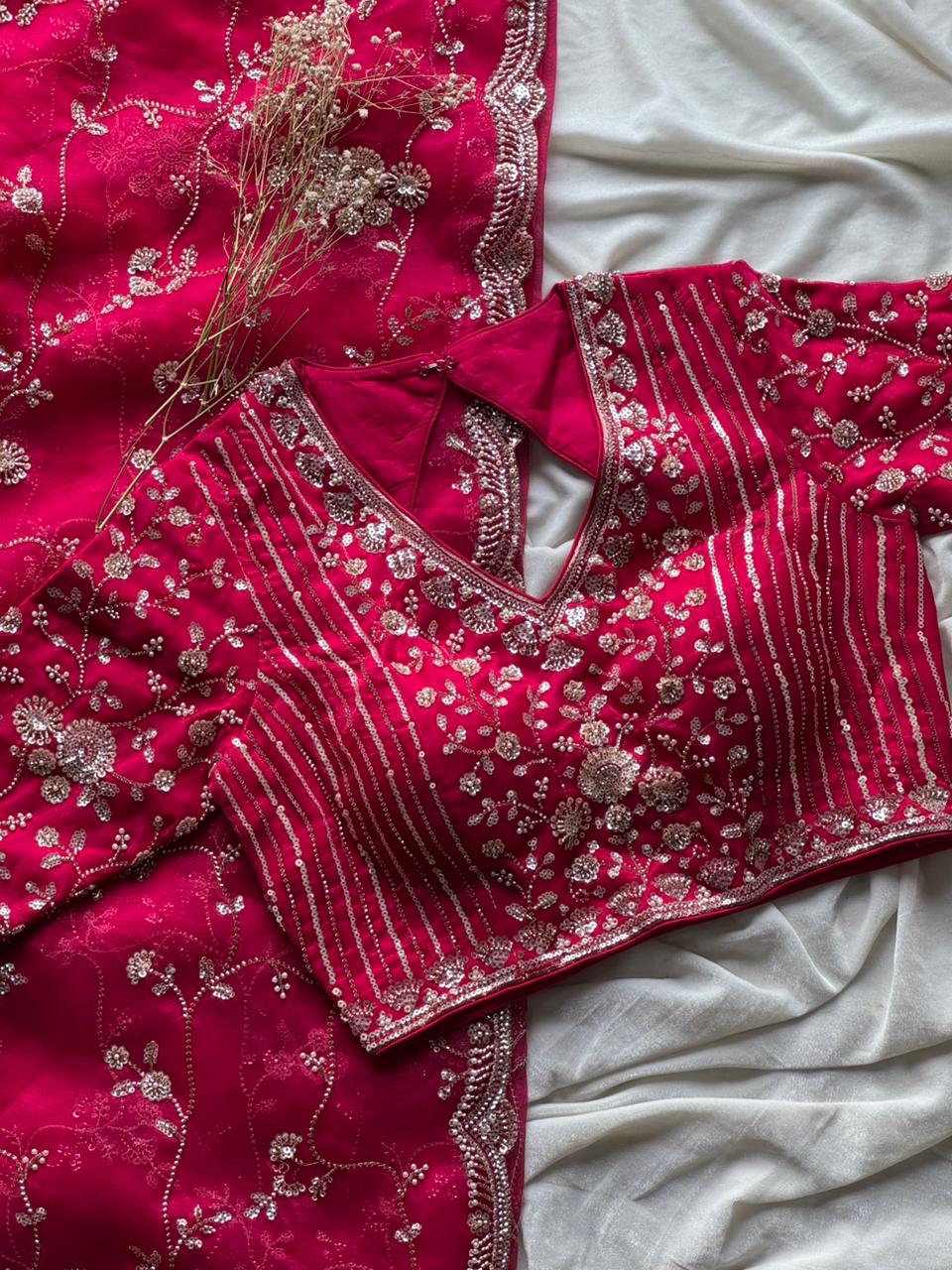 Raspberry Luxe Coctail Handwork saree with stitched blouse