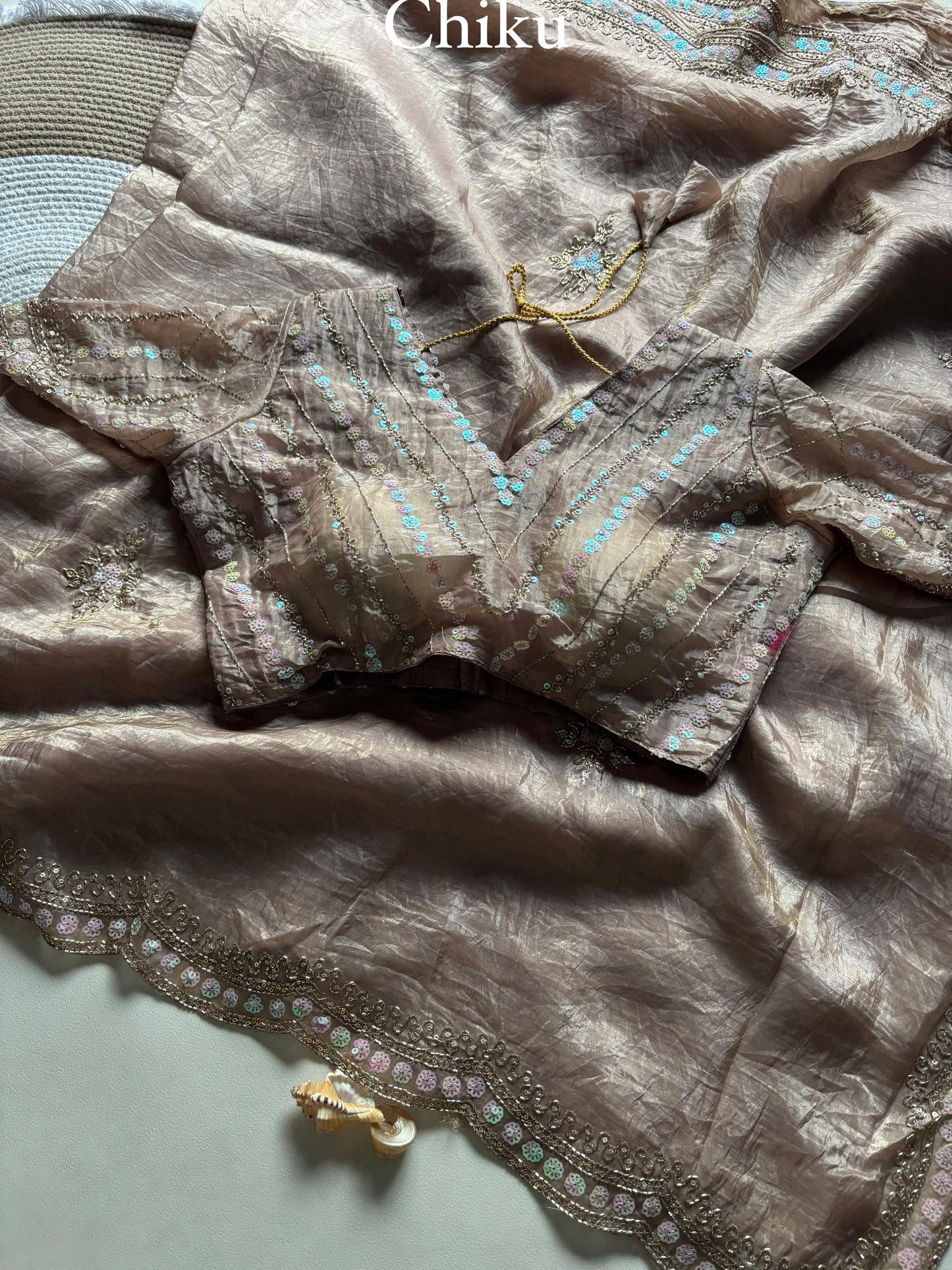 New gold crush saree with stitched blouse