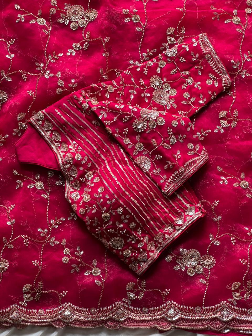Raspberry Luxe Coctail Handwork saree with stitched blouse