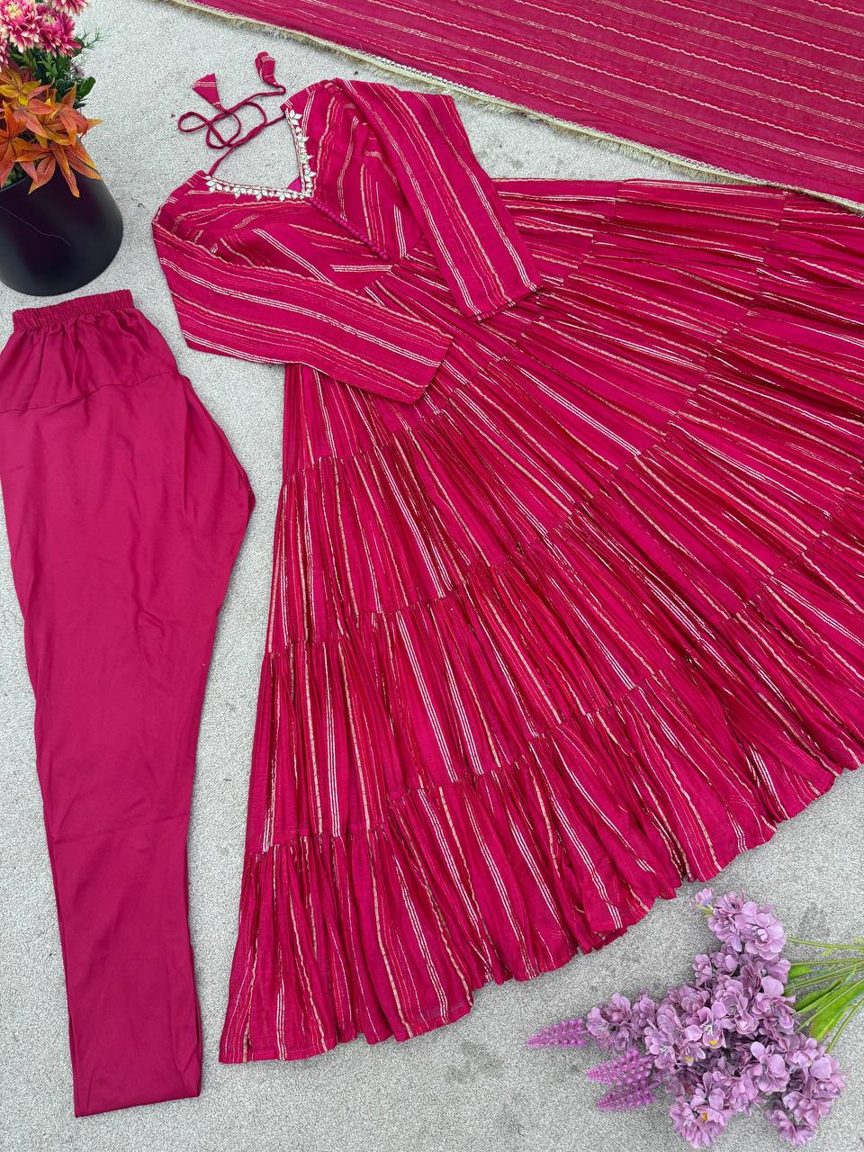 Elegant Mirror Work with Designer Anarkali Three Piece Set