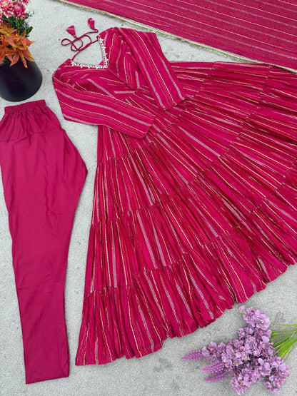 Elegant Mirror Work with Designer Anarkali Three Piece Set