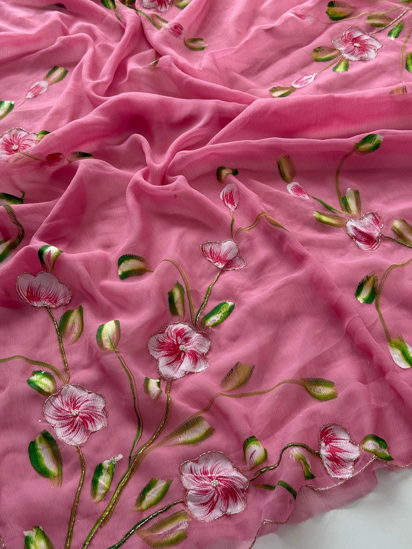 Budget chiffon Handpaint with heavy hand work saree