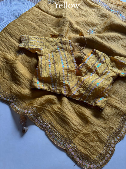 New gold crush saree with stitched blouse