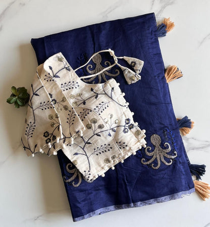 Octopus embroidery saree with stitched blouse