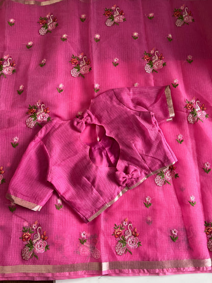 Kota doriya Embroidery saree with stitched Blouse