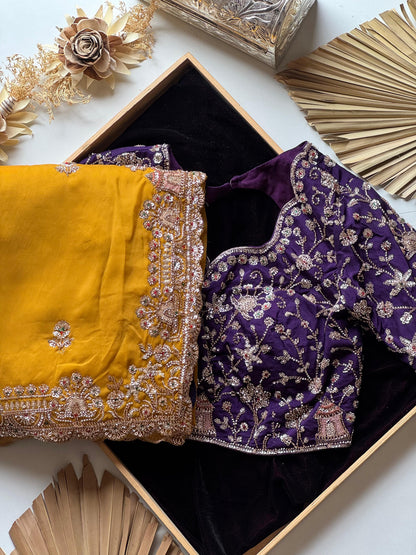 Cocktail handwork luxe gold finish sarees with Cutdana sequence work