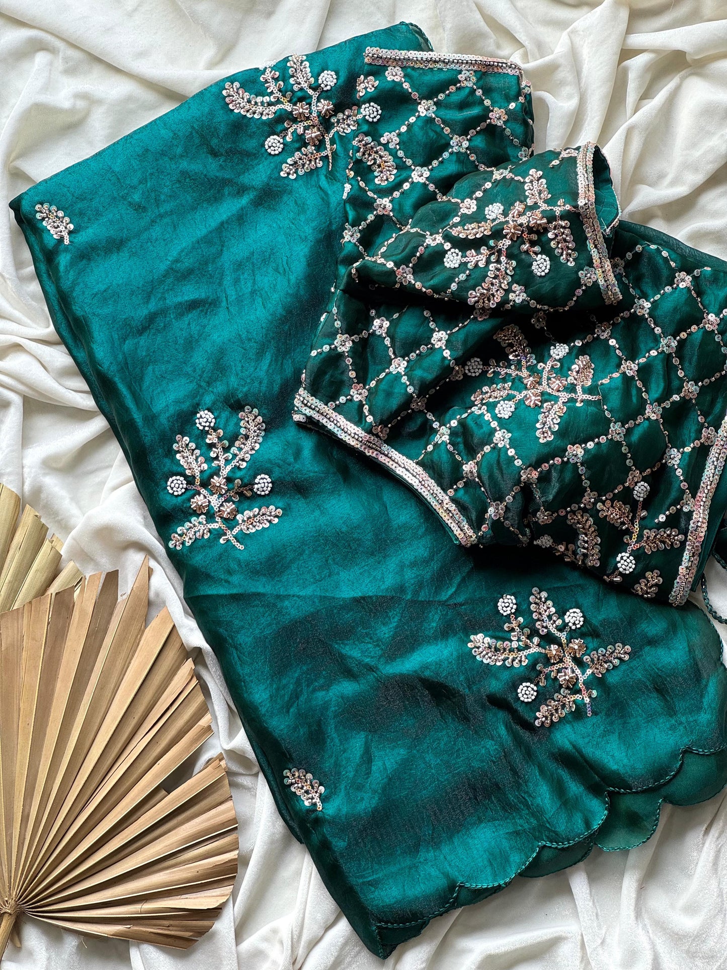 Soft silk with beads flower work saree with stitched blouse