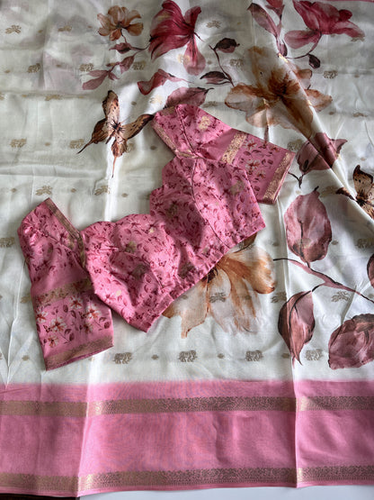 Premium Silk Saree with elegant print on all over the saree with comes stitched Blouse