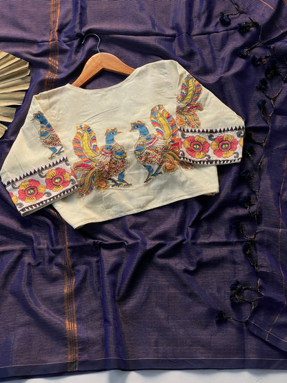 Khadi cotton saree with applic  work  stitches blouse