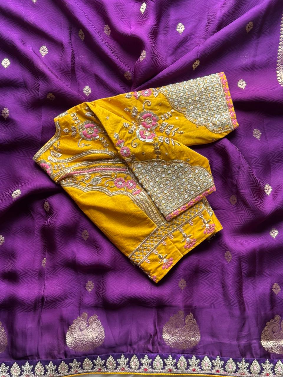 Pure coding work wedding look luxe saree with stitched blouse
