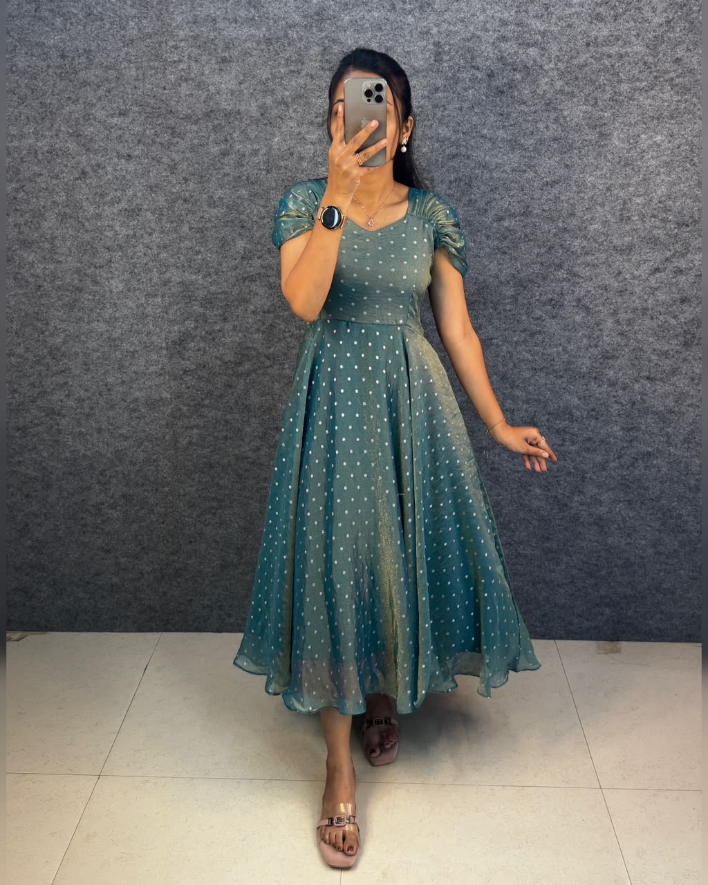 Designer princess party wear tissue butti midi gown