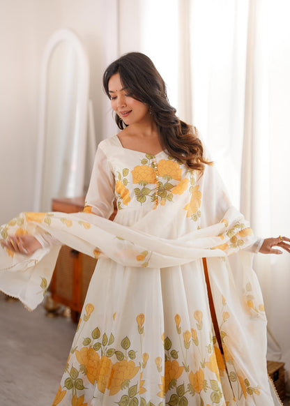 Classic Yellow Floral Printed Organza Anarkali sets