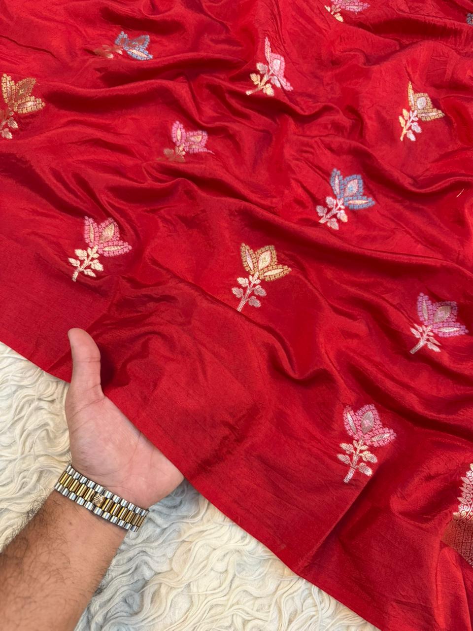 Semi pattu traditional gold zari red minakari  saree