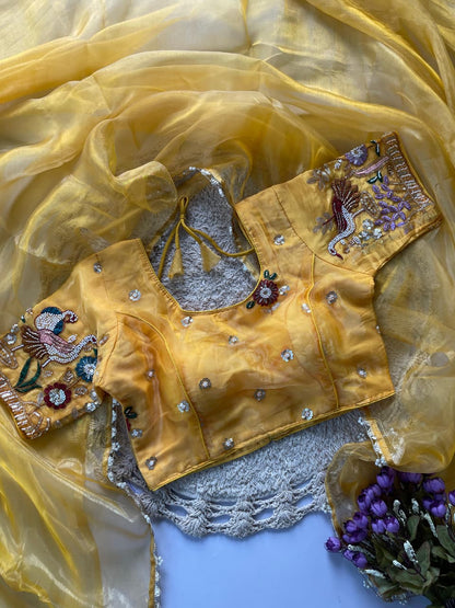 Liquid organza hand work  saree with stitched blouse