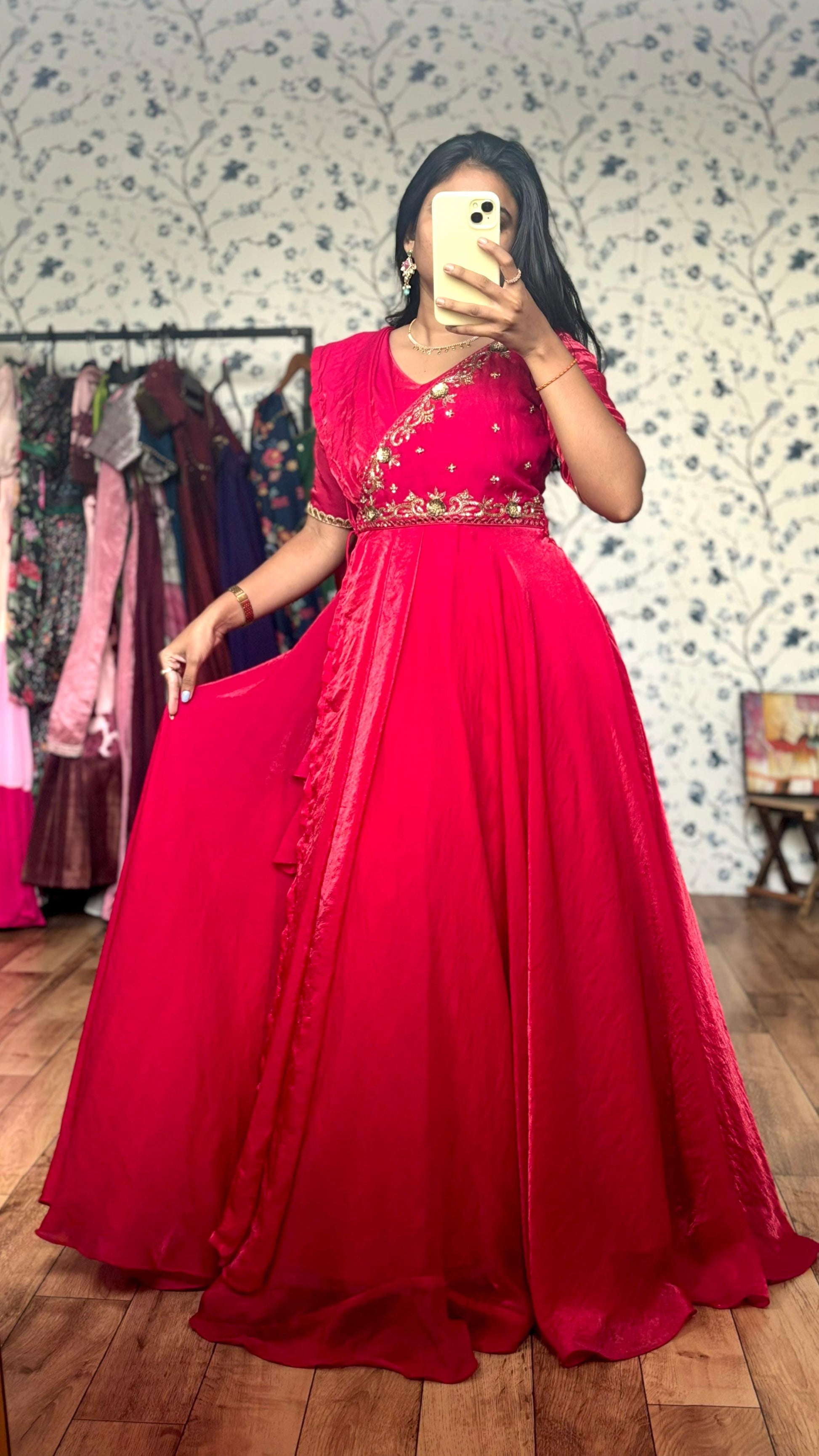 Pink Maggam fusion long Gowns S-36