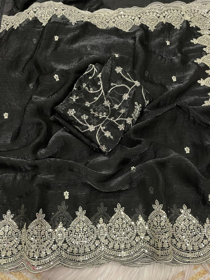 Fendi chiffon  budget saree with sequence work