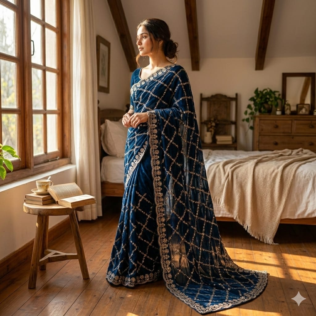 Luxe grand party beeds work velvet shine saree