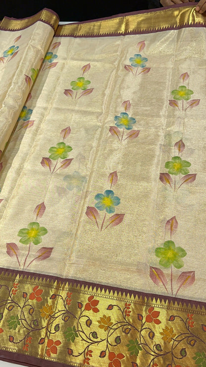 Semi pattu soft tissue weaving Paithani hand painted saree