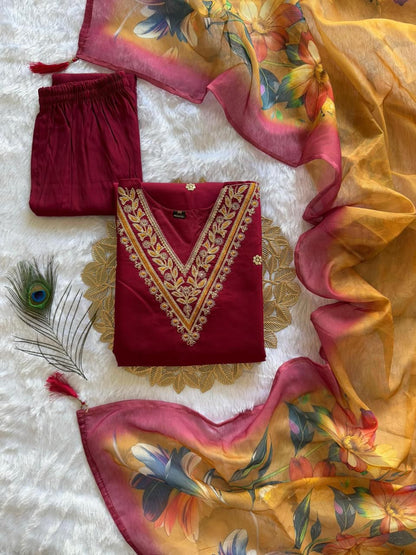 Roman silk party wear Embroidery Maroon kurti set