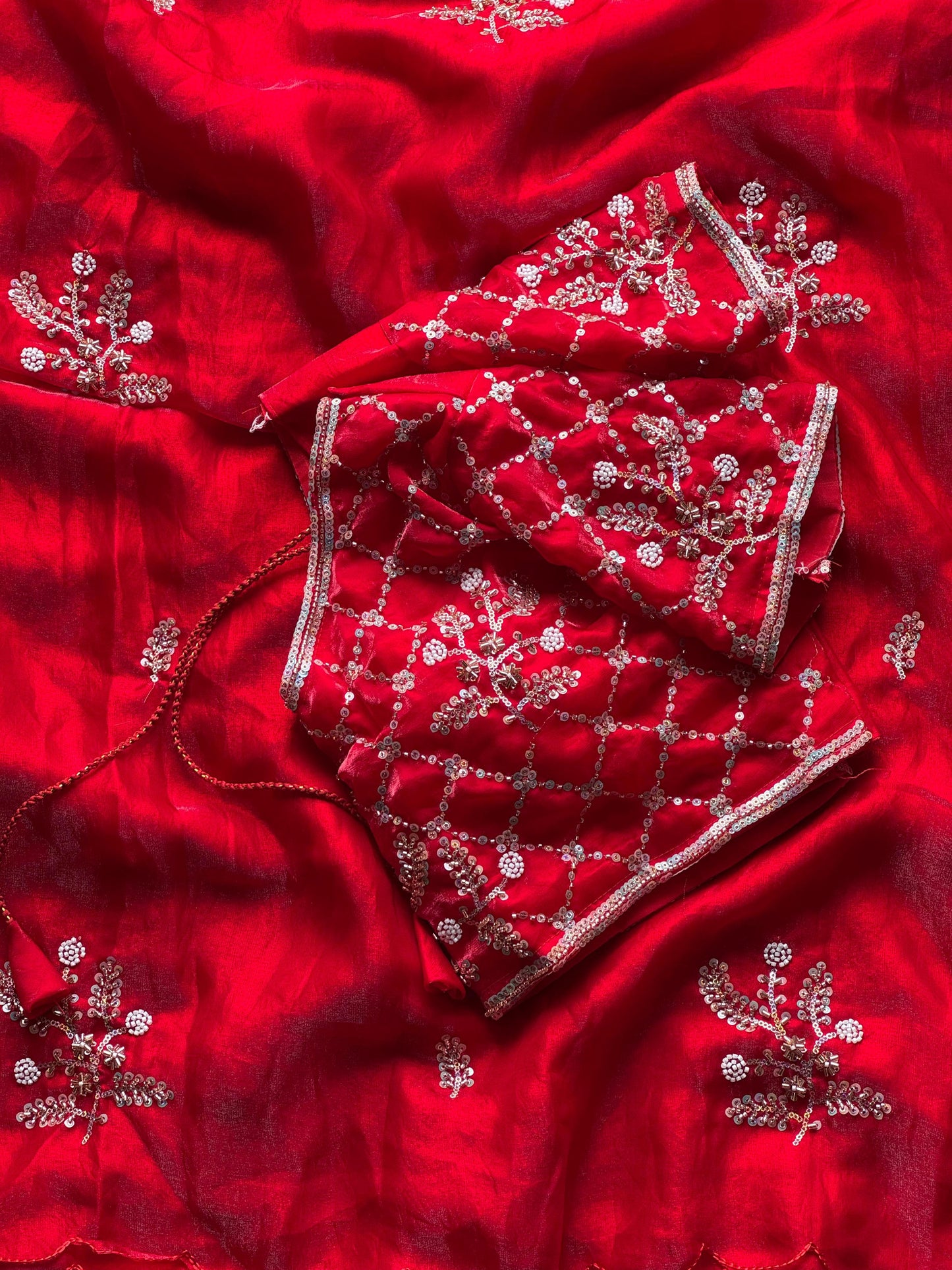 Soft silk with beads flower work saree with stitched blouse