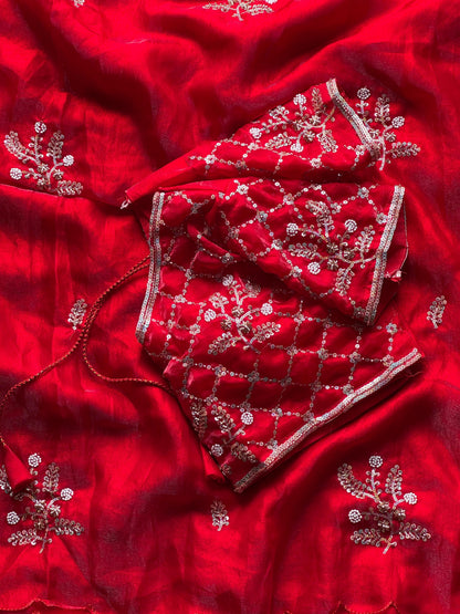 Soft silk with beads flower work saree with stitched blouse