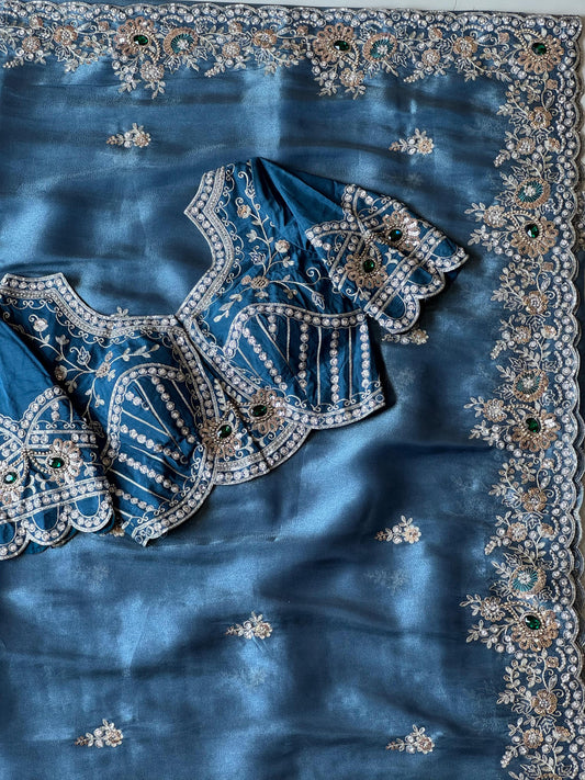 Cocktail  Ocean blue luxe Saree with stitched blouse