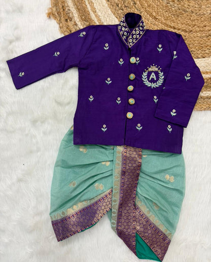 Brother & Sister Maggam Cute Traditional Combo – Banaras Silk Crop Top & Boy Kurta Dhoti Set