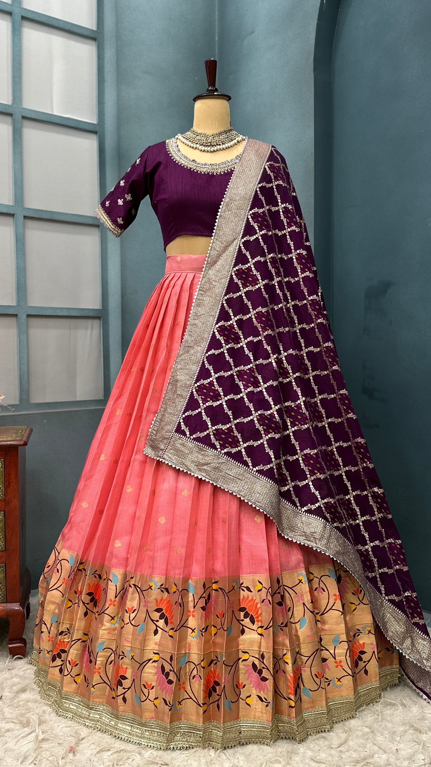 Kota checks peach  colour Meenakari lehenga