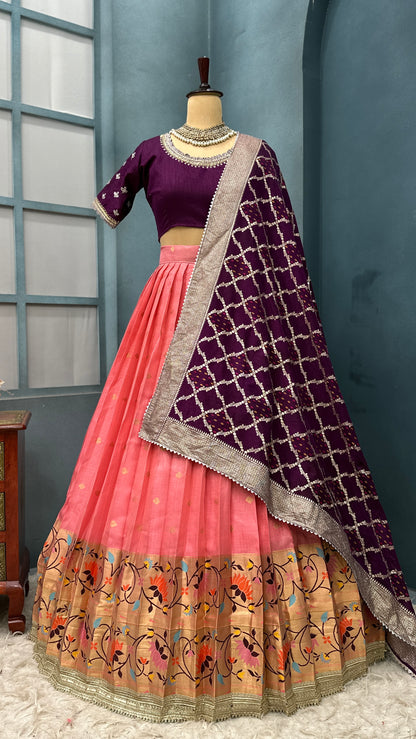 Kota checks peach  colour Meenakari lehenga
