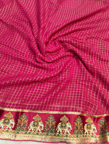 Budget viscose check with satin border golden zari white elephant saree